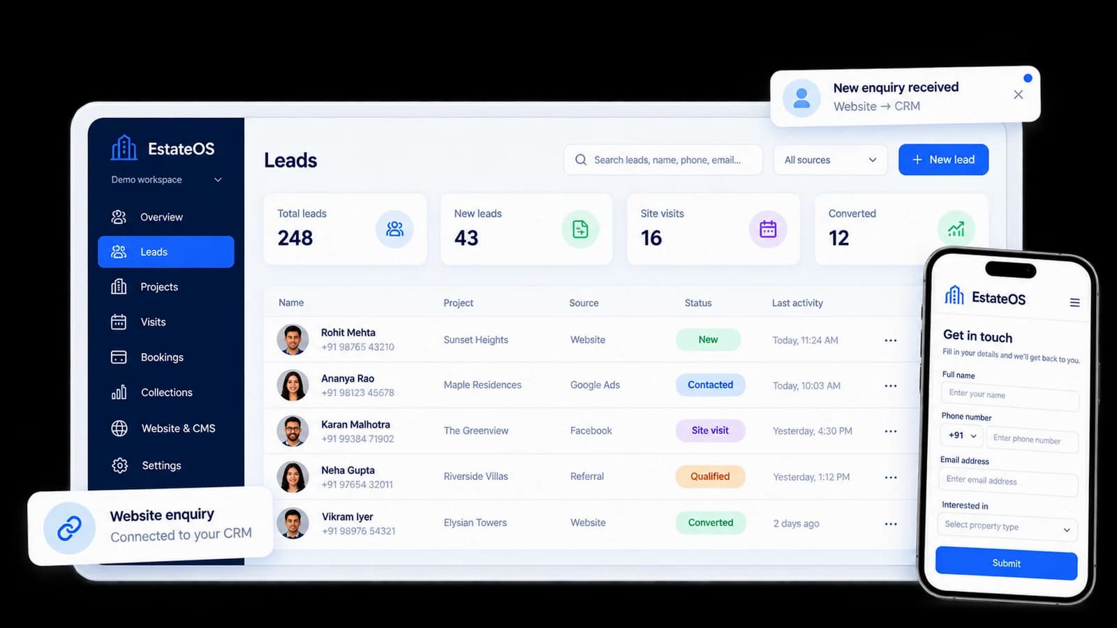 Illustrative EstateOS Leads dashboard with lead stages and an enquiry form on a phone.