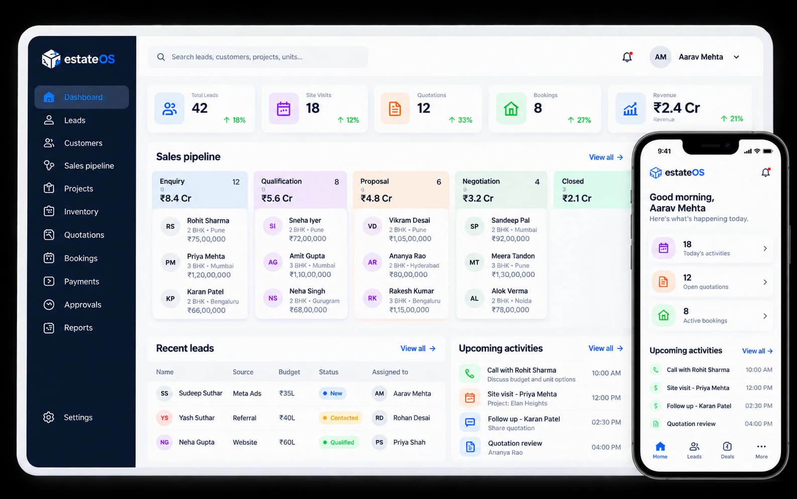 Illustrative EstateOS desktop CRM and mobile dashboard showing the sales pipeline, leads, quotations, bookings and upcoming activities.